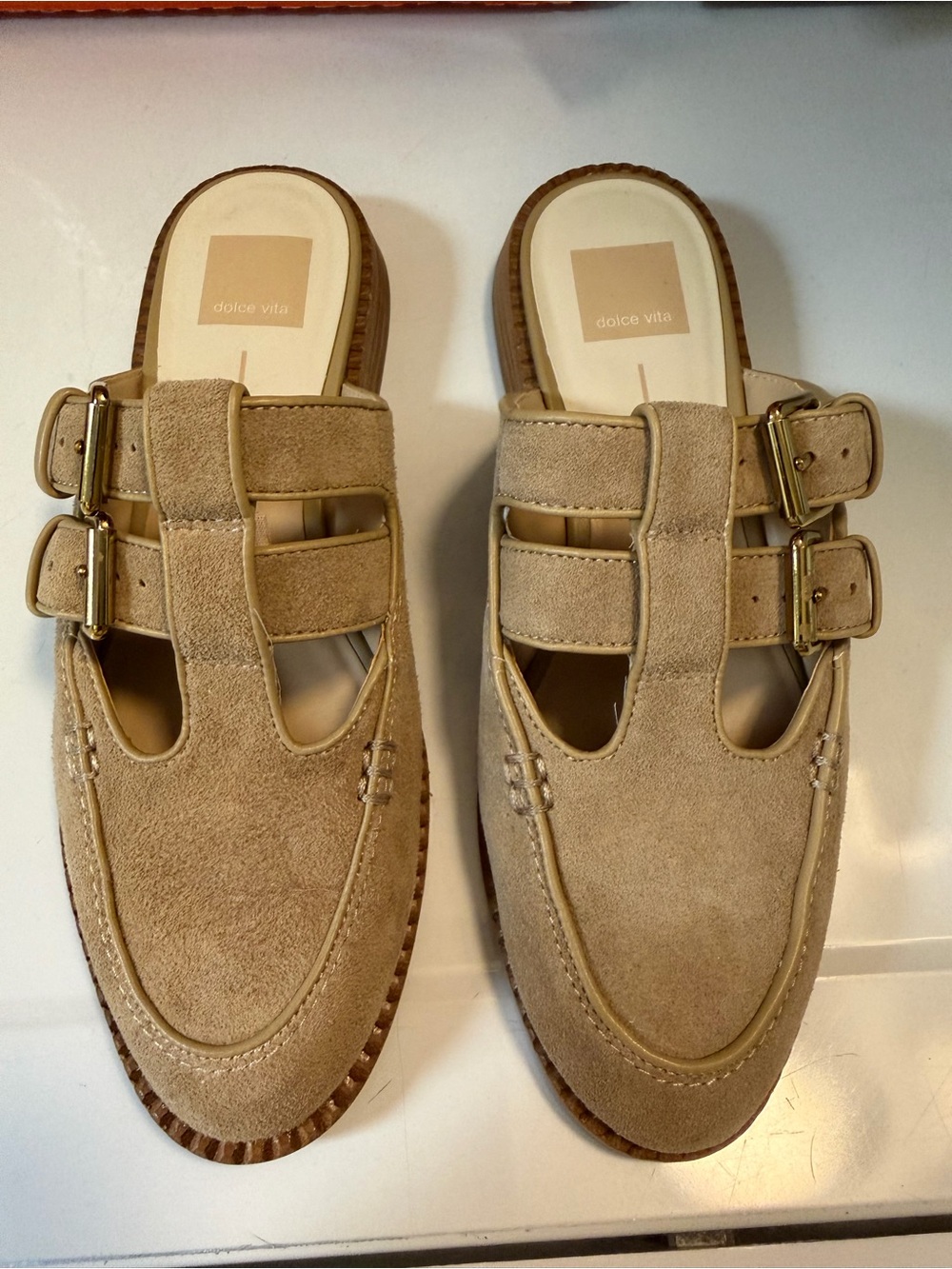 Dolce Vita Beige Suede Double-Buckle Slip-On Loafers